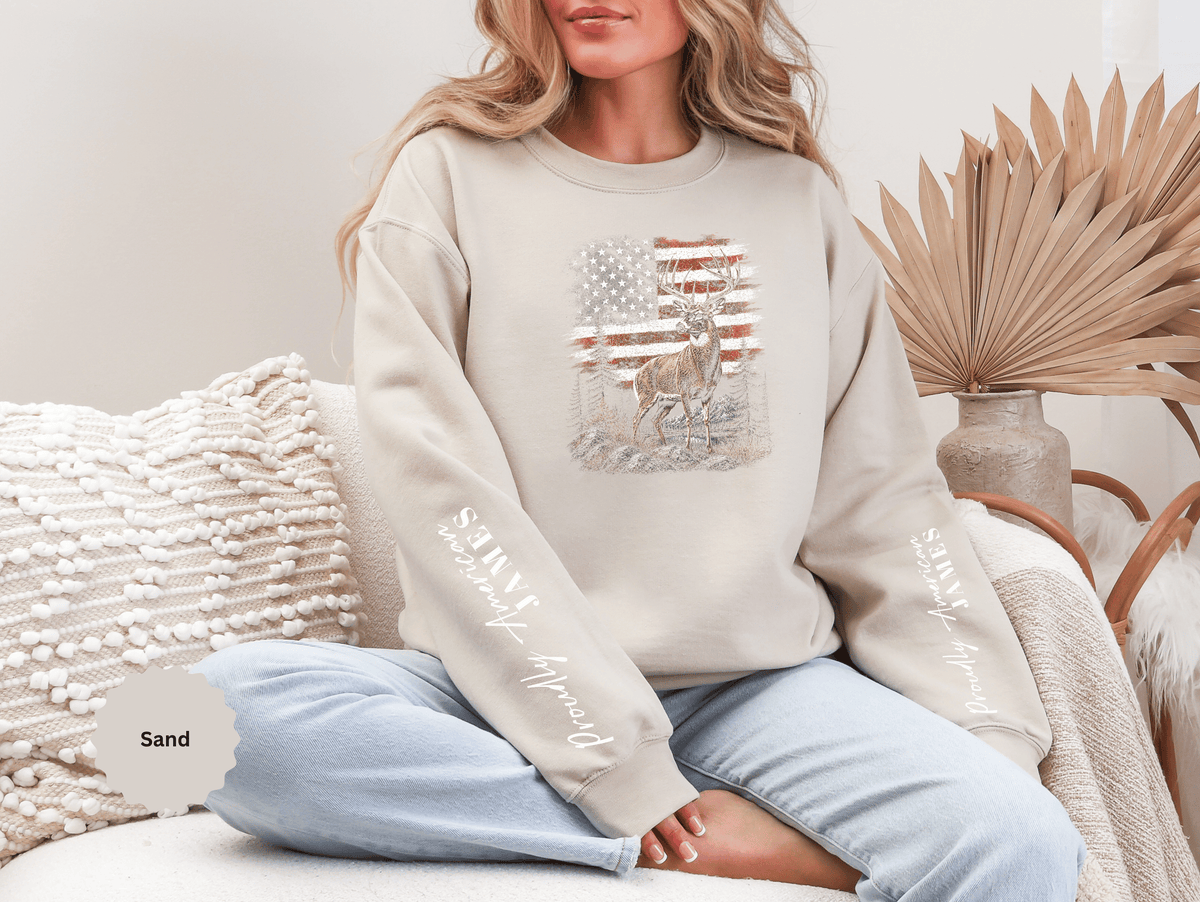 Personalized Hunting Sweatshirt, Custom Deer American Flag Pullover, Patriotic Outdoorsman Crewneck, Hunter Gift, Personalized Family Shirt