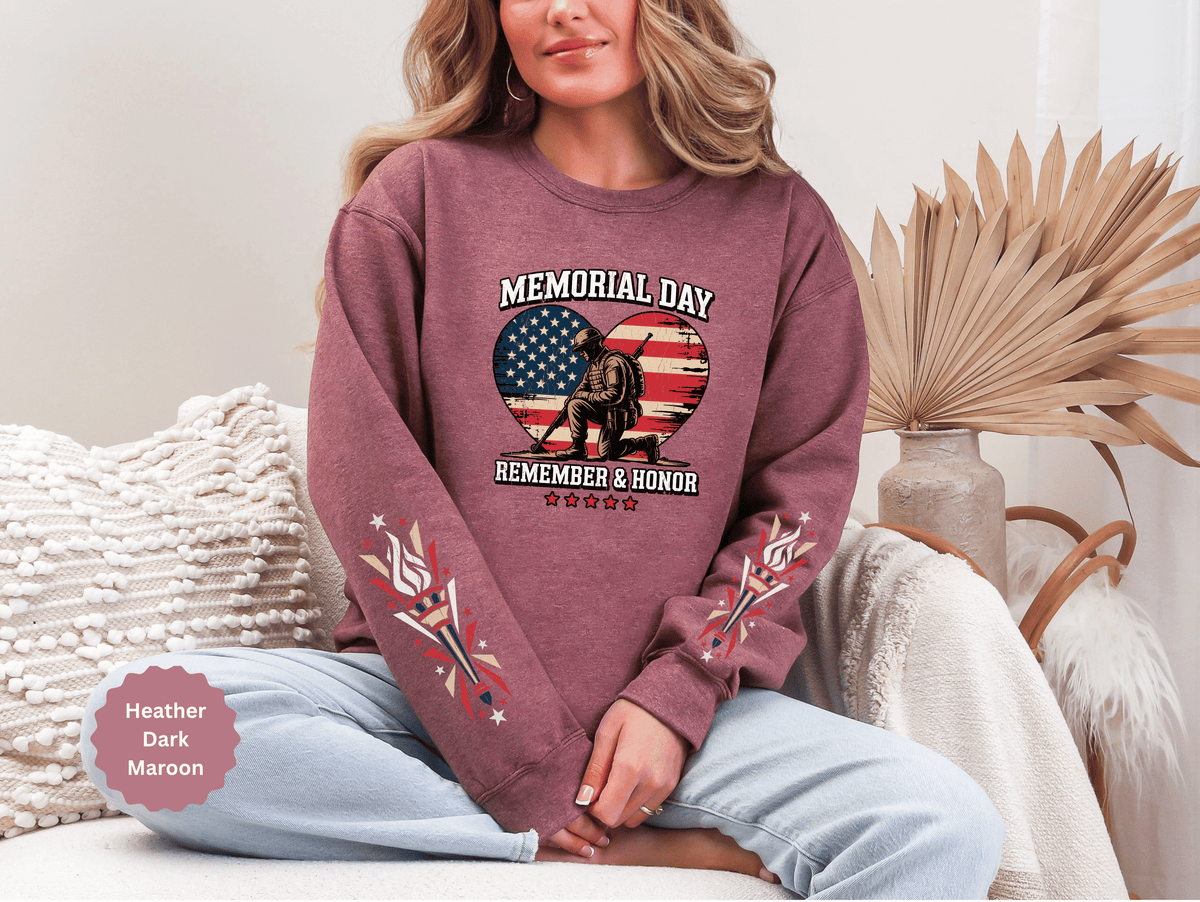 Memorial Day Sweatshirt, Patriotic Military Pullover, Remember and Honor American Flag Crewneck, Veteran Gift, Memorial Day Shirt