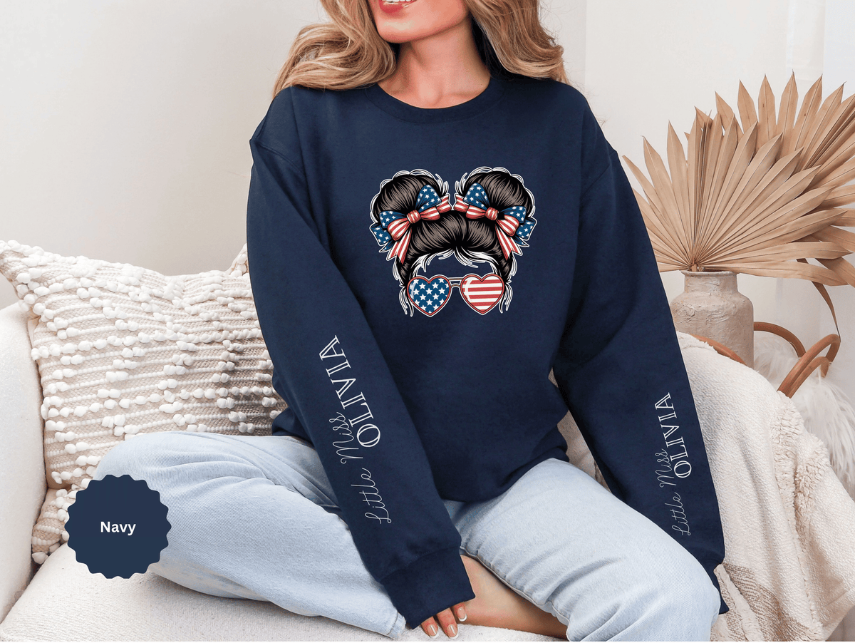 Personalized Patriotic Sweatshirt, Custom Little Miss Pullover, American Flag Girl Crewneck, Fourth of July Gift, USA Country Shirt
