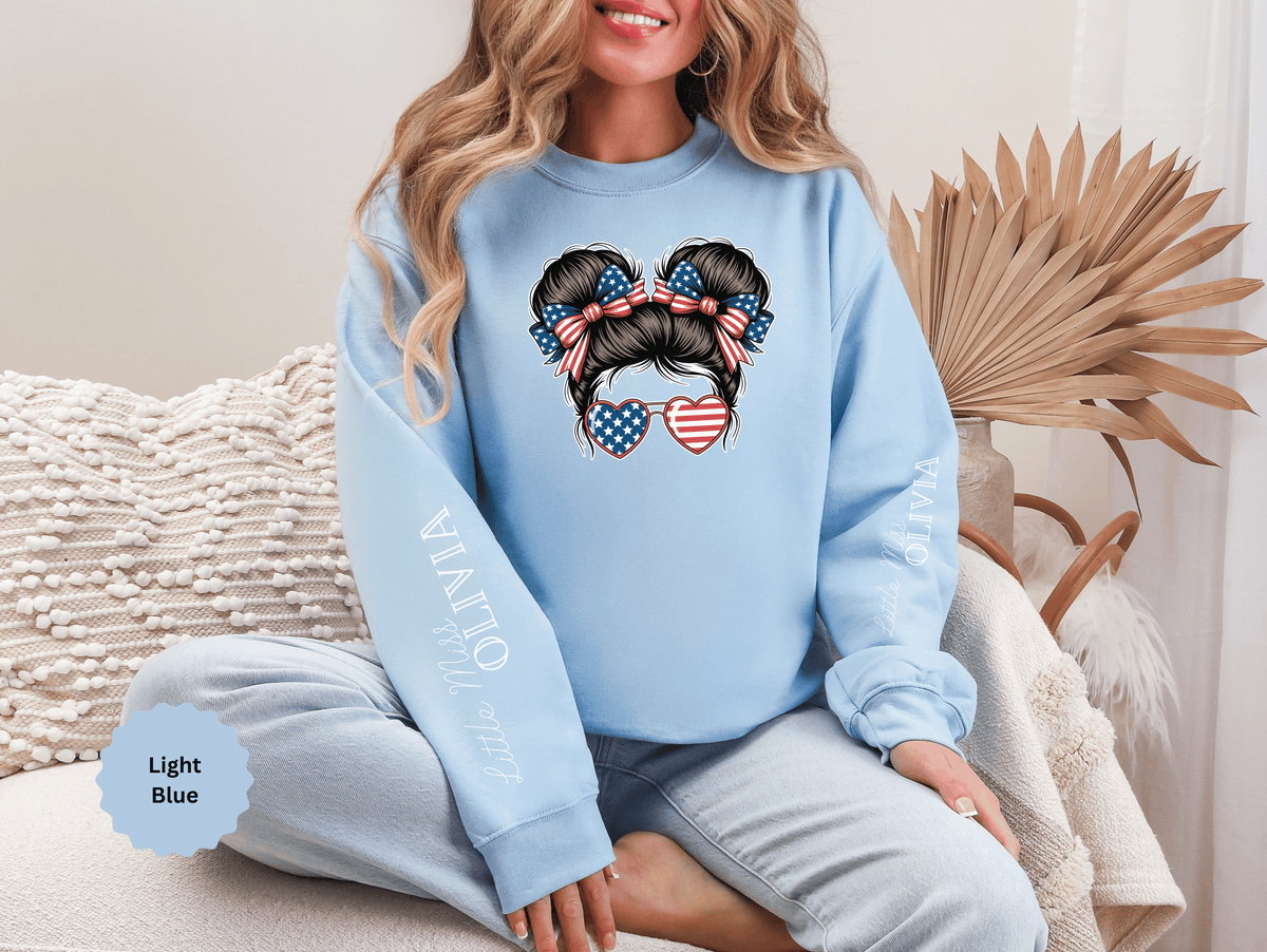 Personalized Patriotic Sweatshirt, Custom Little Miss Pullover, American Flag Girl Crewneck, Fourth of July Gift, USA Country Shirt