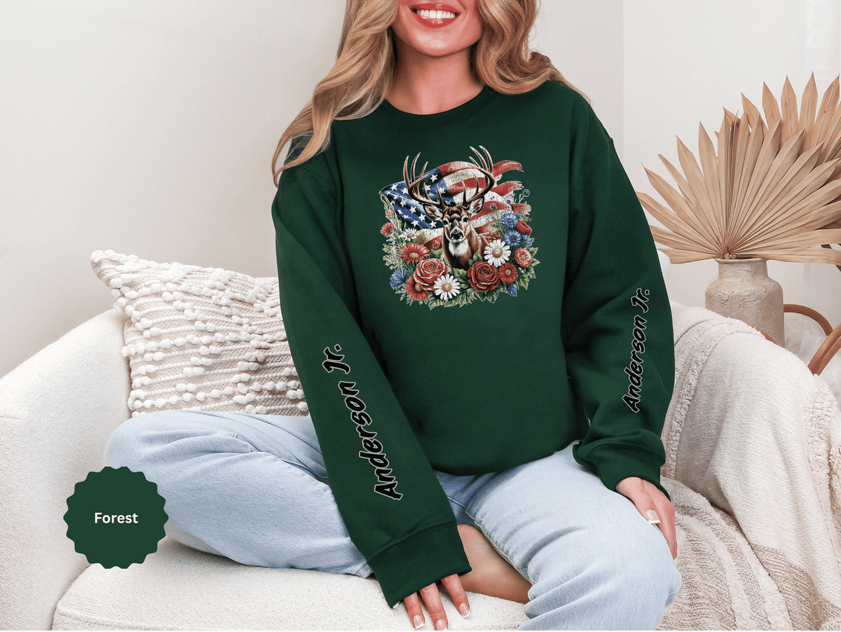 Personalized Hunting Family Sweatshirt, Custom Deer Patriotic Pullover, American Flag Floral Crewneck, Family Gift, Outdoorsman Shirt
