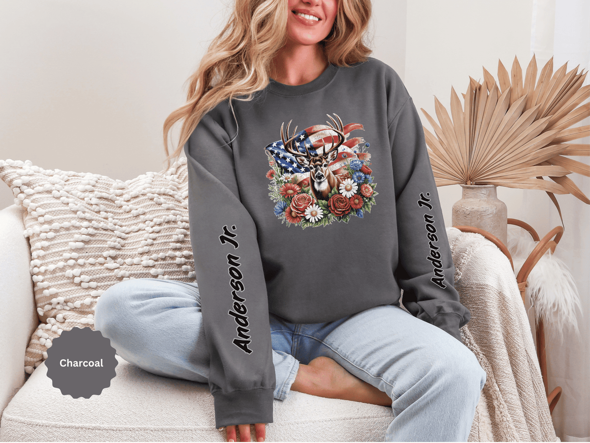 Personalized Hunting Family Sweatshirt, Custom Deer Patriotic Pullover, American Flag Floral Crewneck, Family Gift, Outdoorsman Shirt