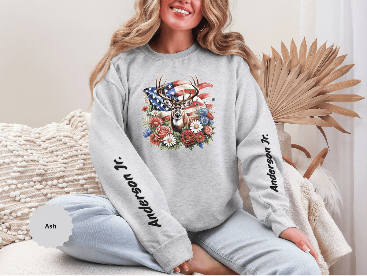 Personalized Hunting Family Sweatshirt, Custom Deer Patriotic Pullover, American Flag Floral Crewneck, Family Gift, Outdoorsman Shirt