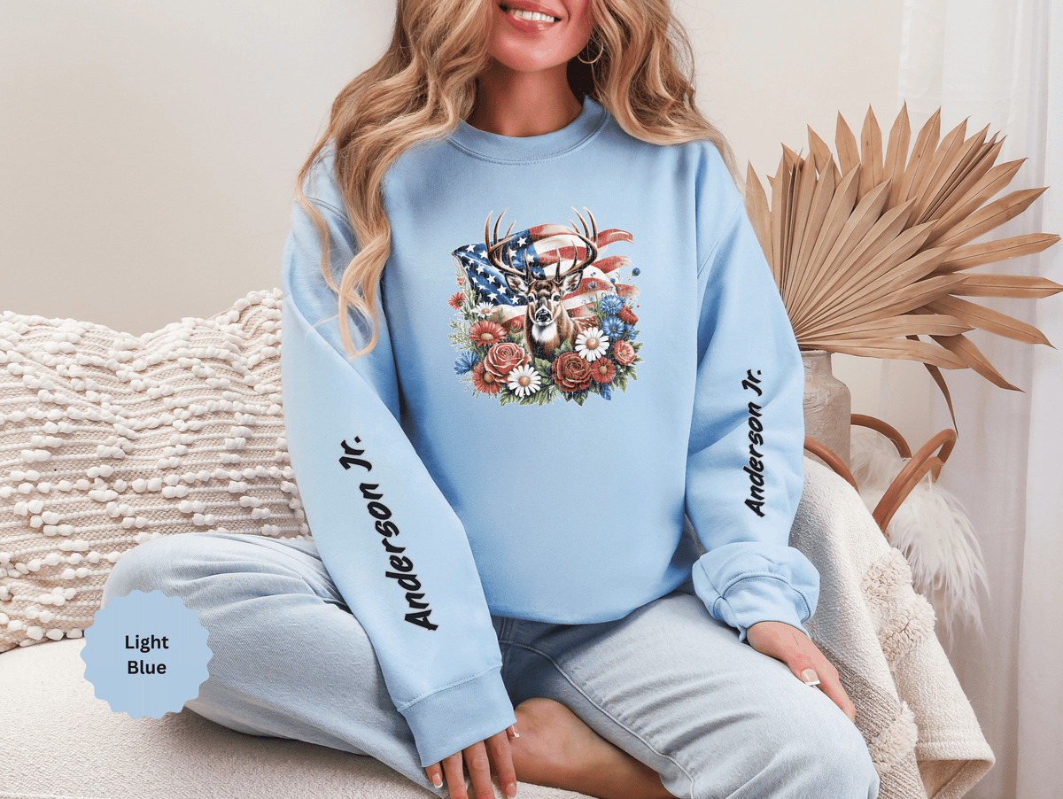 Personalized Hunting Family Sweatshirt, Custom Deer Patriotic Pullover, American Flag Floral Crewneck, Family Gift, Outdoorsman Shirt