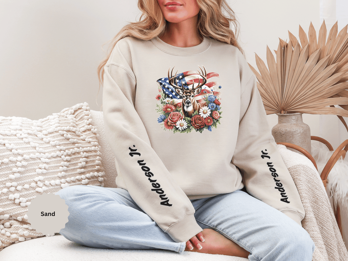 Personalized Hunting Family Sweatshirt, Custom Deer Patriotic Pullover, American Flag Floral Crewneck, Family Gift, Outdoorsman Shirt