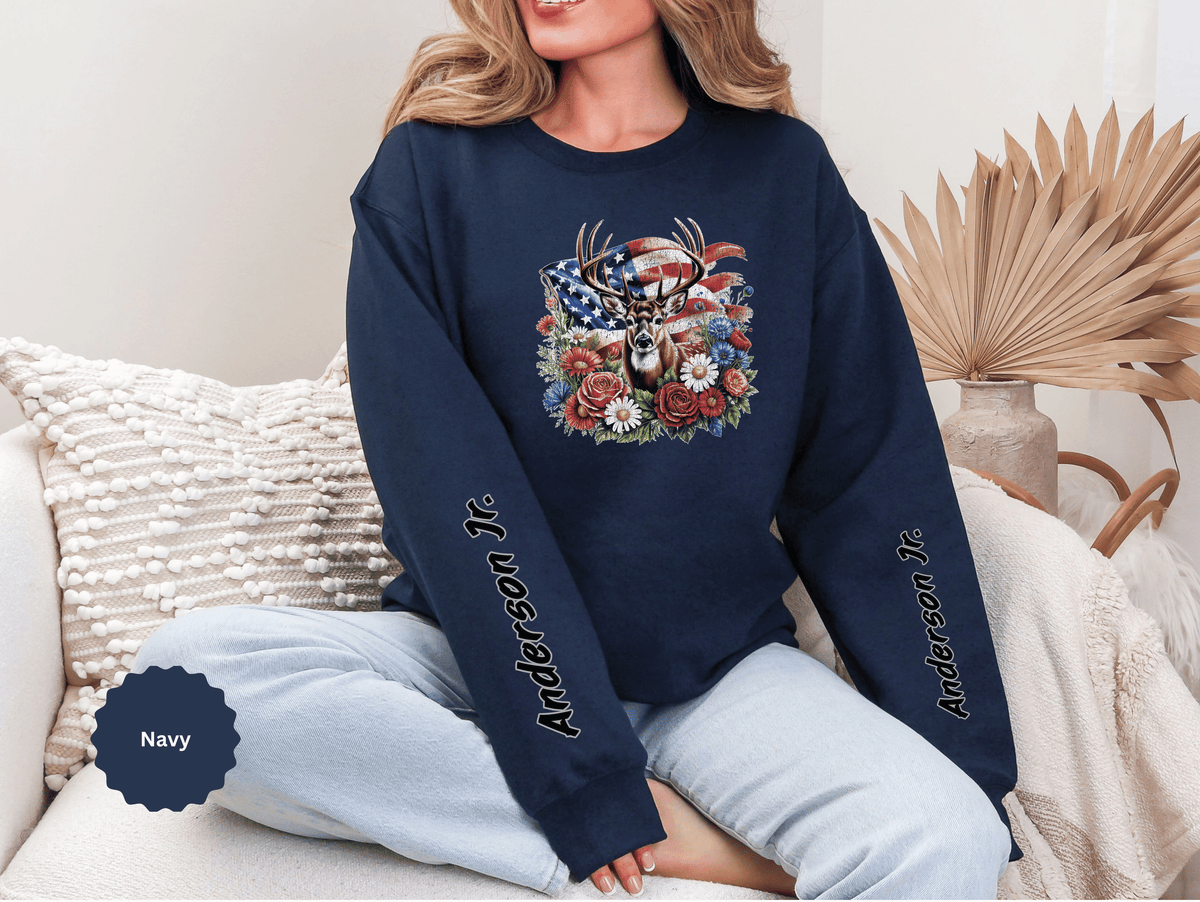 Personalized Hunting Family Sweatshirt, Custom Deer Patriotic Pullover, American Flag Floral Crewneck, Family Gift, Outdoorsman Shirt