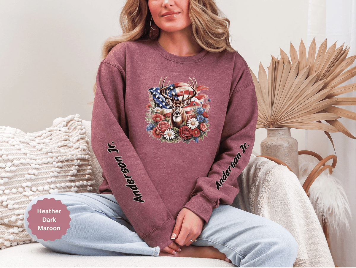 Personalized Hunting Family Sweatshirt, Custom Deer Patriotic Pullover, American Flag Floral Crewneck, Family Gift, Outdoorsman Shirt