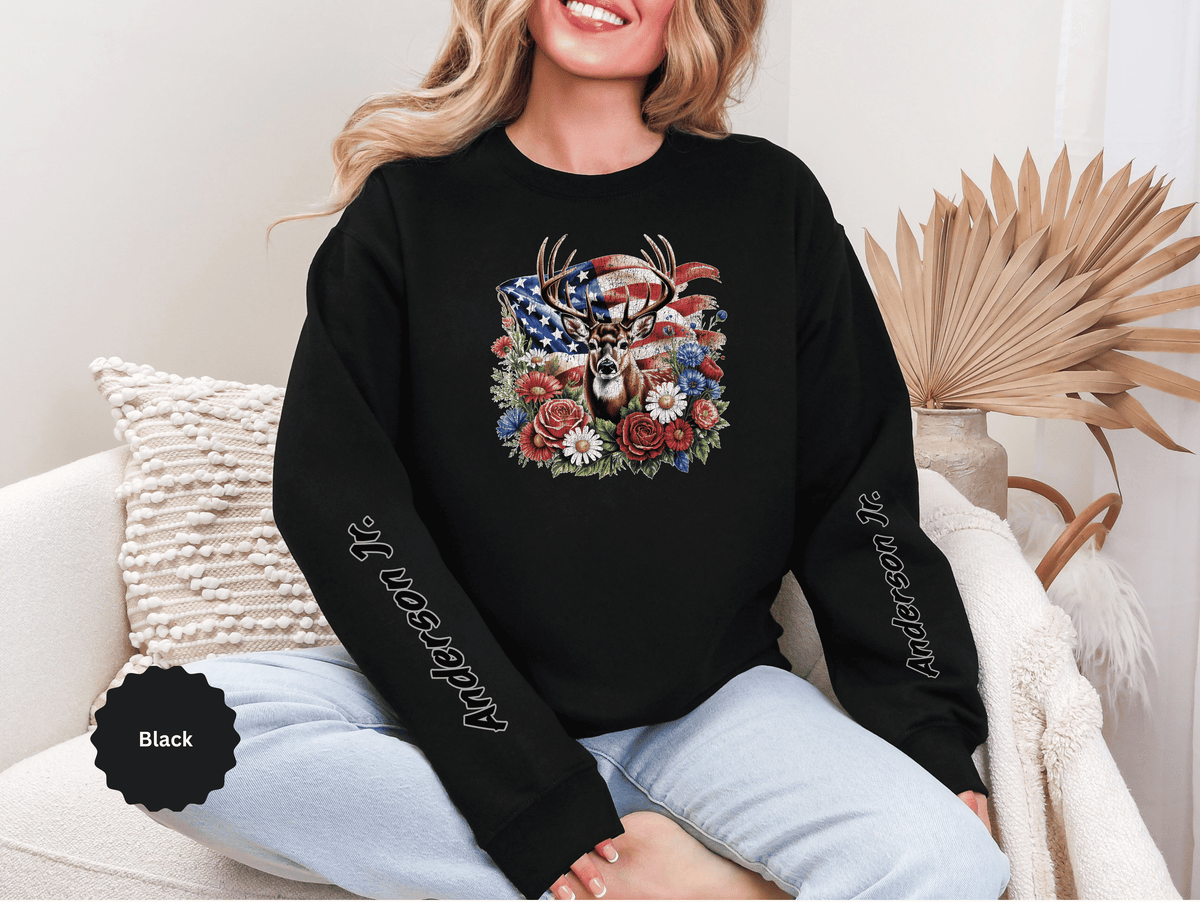 Personalized Hunting Family Sweatshirt, Custom Deer Patriotic Pullover, American Flag Floral Crewneck, Family Gift, Outdoorsman Shirt