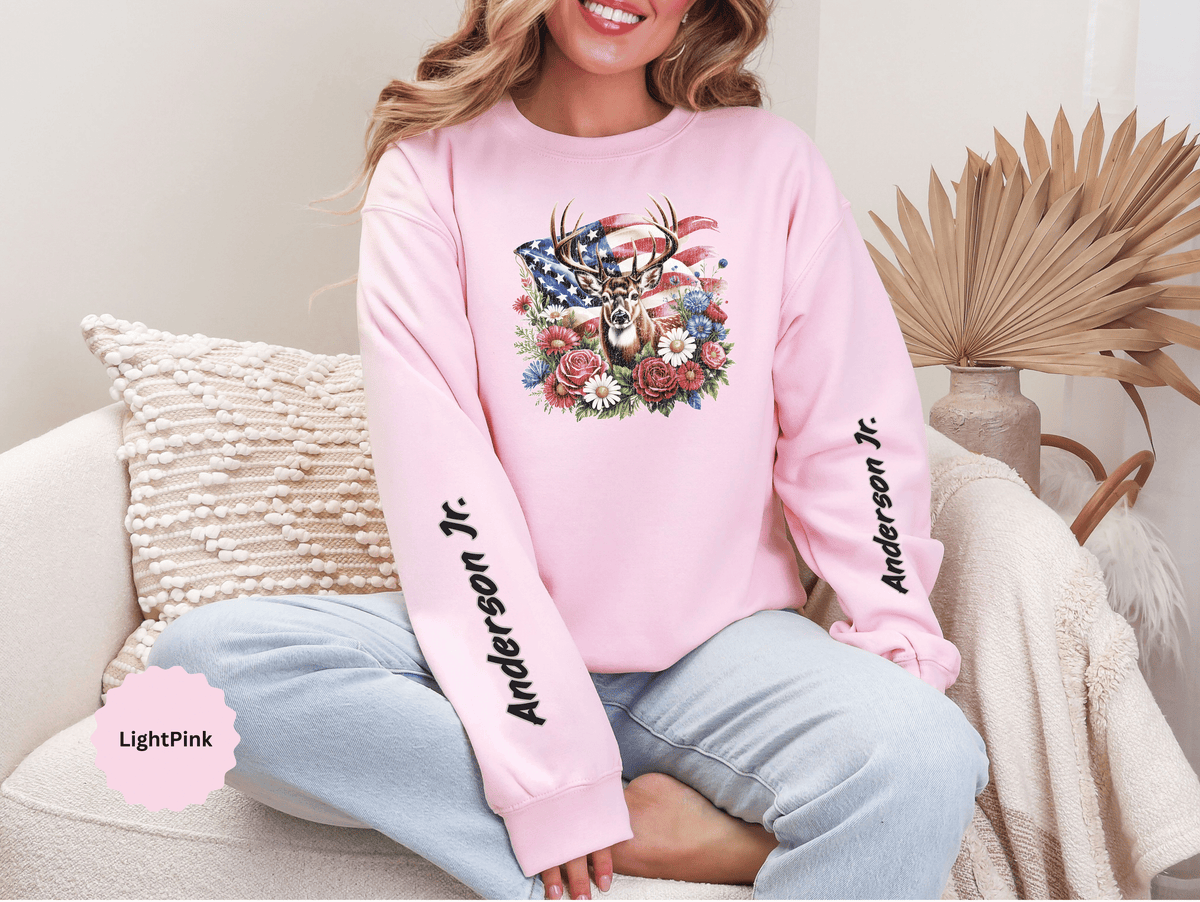 Personalized Hunting Family Sweatshirt, Custom Deer Patriotic Pullover, American Flag Floral Crewneck, Family Gift, Outdoorsman Shirt