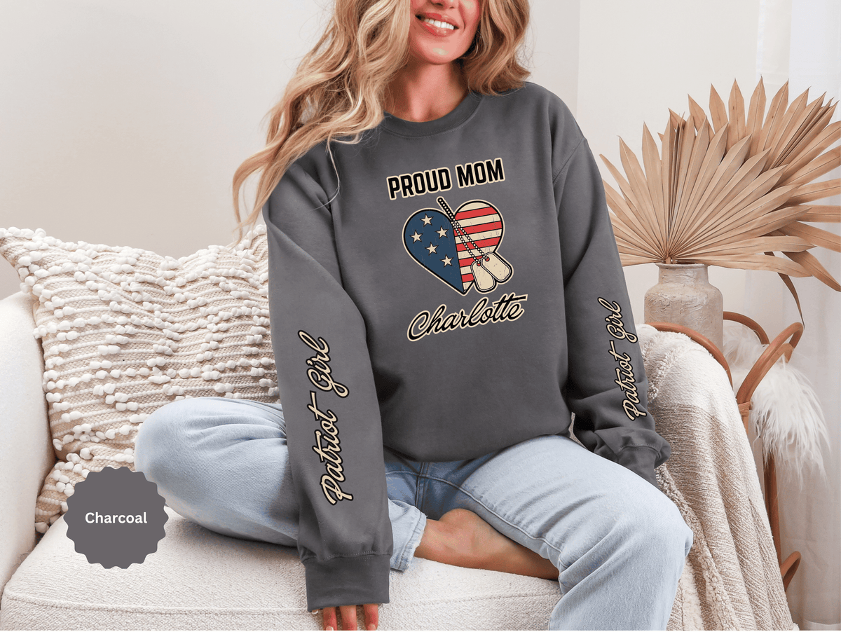 Personalized Proud Mom Sweatshirt, Custom Military Mom Pullover, American Flag Heart Crewneck, Military Mom Gift, Patriotic Mother Shirt