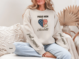Personalized Proud Mom Sweatshirt, Custom Military Mom Pullover, American Flag Heart Crewneck, Military Mom Gift, Patriotic Mother Shirt