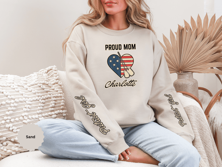 Personalized Proud Mom Sweatshirt, Custom Military Mom Pullover, American Flag Heart Crewneck, Military Mom Gift, Patriotic Mother Shirt