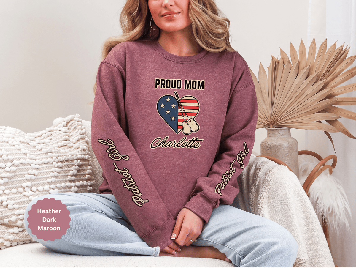 Personalized Proud Mom Sweatshirt, Custom Military Mom Pullover, American Flag Heart Crewneck, Military Mom Gift, Patriotic Mother Shirt