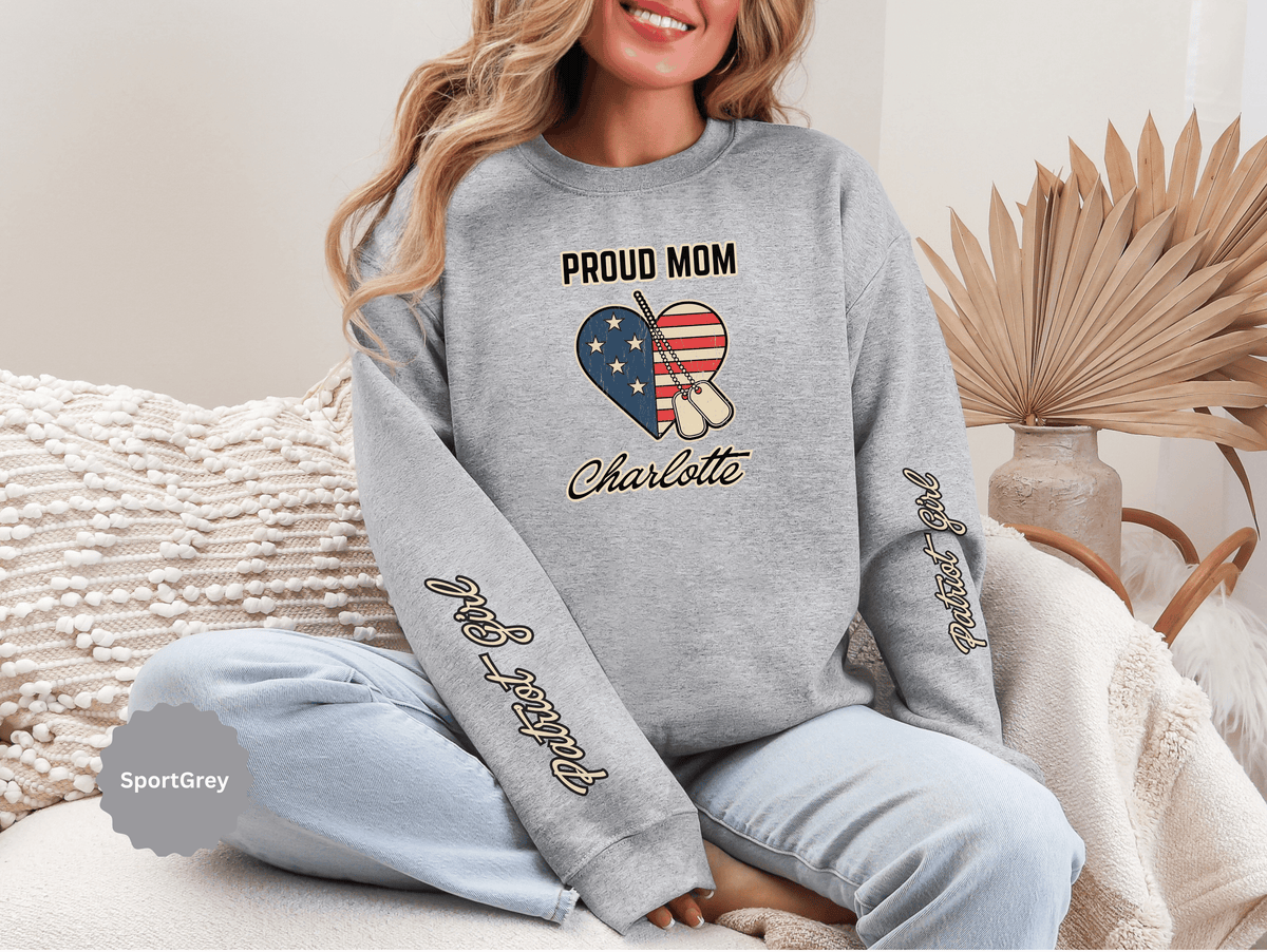 Personalized Proud Mom Sweatshirt, Custom Military Mom Pullover, American Flag Heart Crewneck, Military Mom Gift, Patriotic Mother Shirt