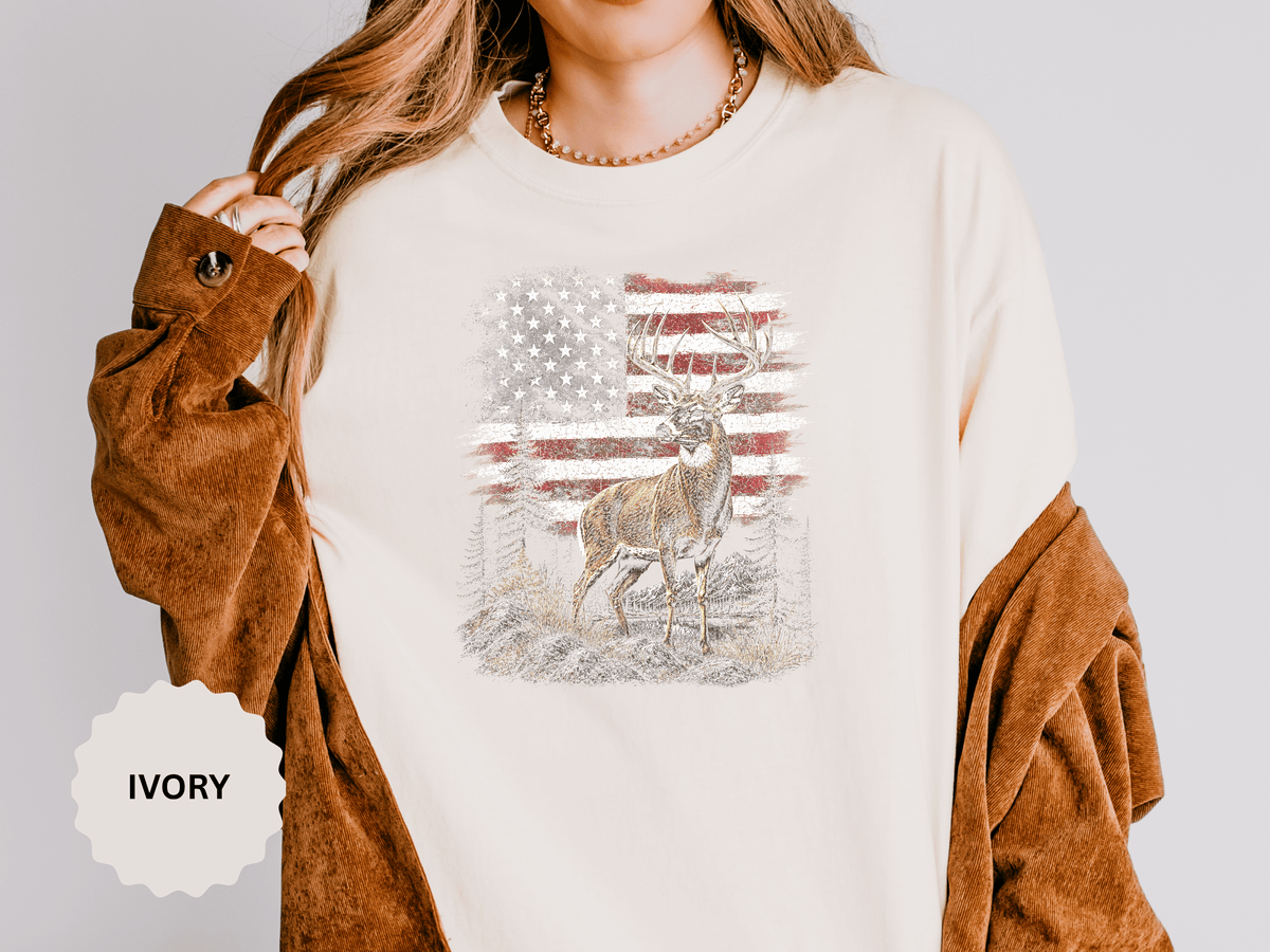 Patriotic Deer Shirt, American Flag Buck T Shirt, Deer Lover Gift, Outdoors Graphic Tee, Country Style Shirt, Fourth of July Gift