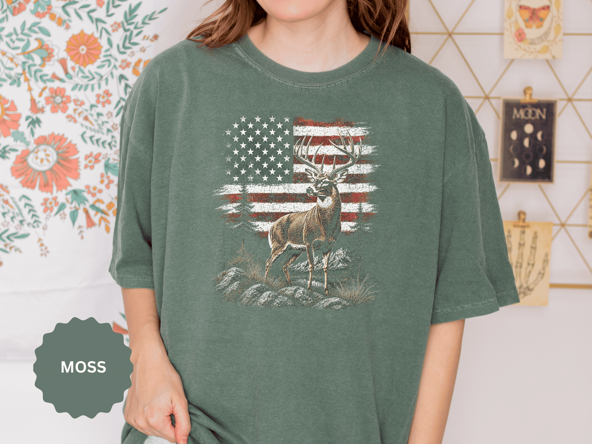 Patriotic Deer Shirt, American Flag Buck T Shirt, Deer Lover Gift, Outdoors Graphic Tee, Country Style Shirt, Fourth of July Gift