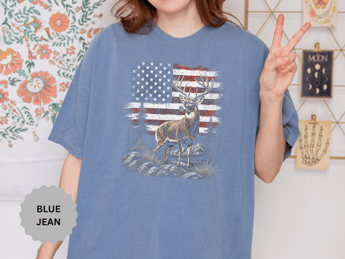 Patriotic Deer Shirt, American Flag Buck T Shirt, Deer Lover Gift, Outdoors Graphic Tee, Country Style Shirt, Fourth of July Gift