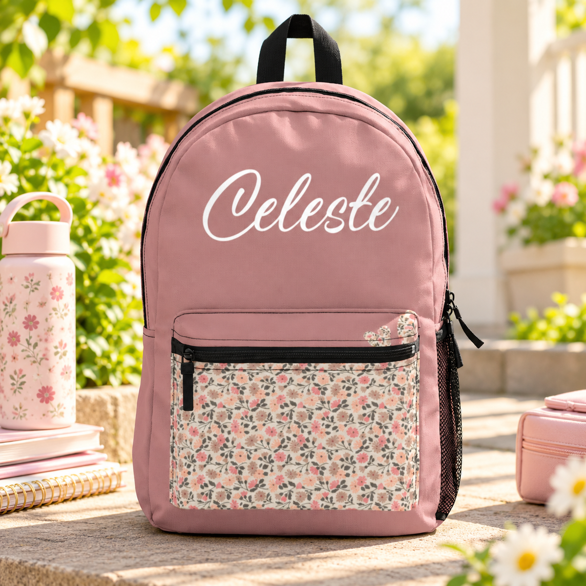 A backpack with a black top handle, front zip pocket and mesh side pocket, dusty pink with a small pink and gray floral print on the front pocket and the sample name "Celeste" in white script across the top.