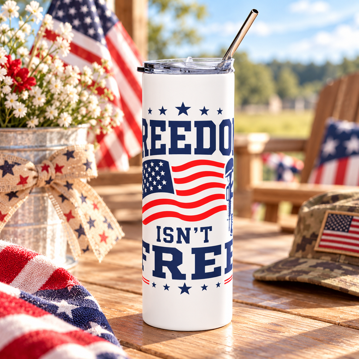 A white stainless steel skinny tumbler with a clear lid and metal straw, printed with "FREEDOM ISN'T FREE" in navy lettering around a waving American flag and a soldier's cross with helmet and boots.