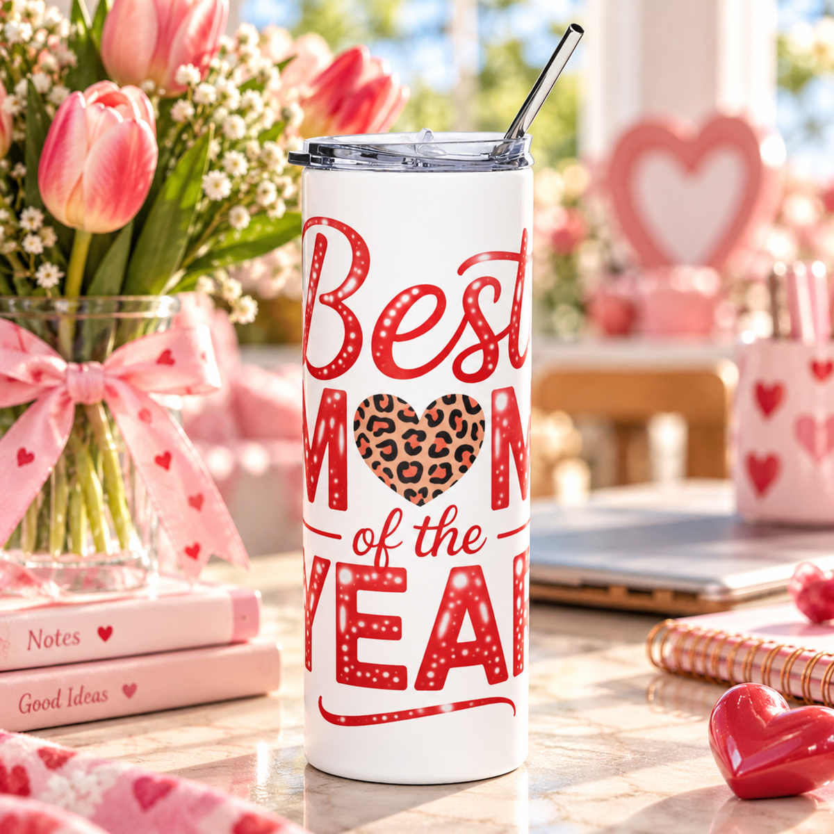 A white stainless steel skinny tumbler with a clear lid and metal straw, printed with "Best MOM of the YEAR" in red sparkle lettering with a leopard-print heart.