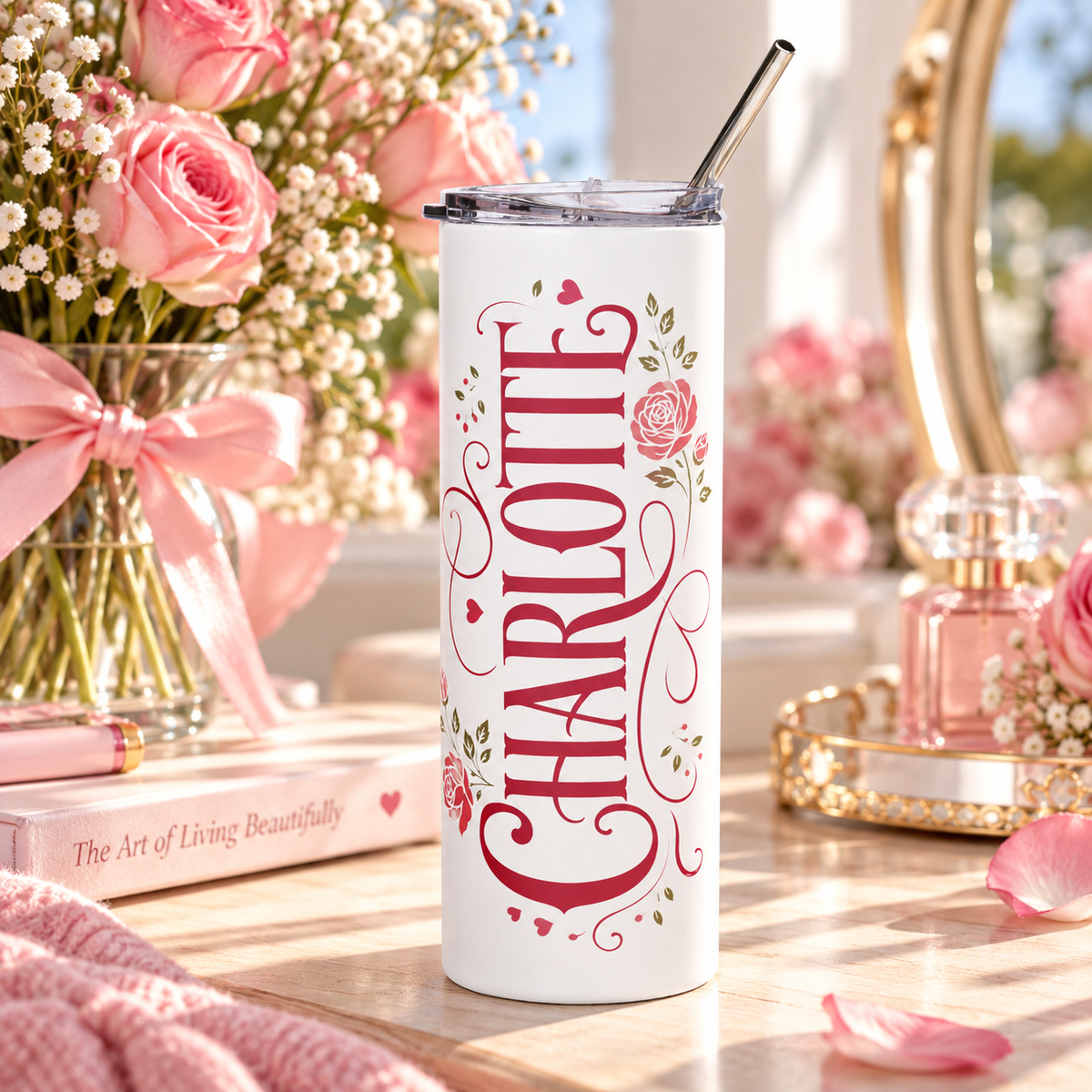 A white stainless steel skinny tumbler with a clear lid and metal straw, printed with the sample name "CHARLOTTE" in red script lettering with pink roses, small hearts and flourishes.