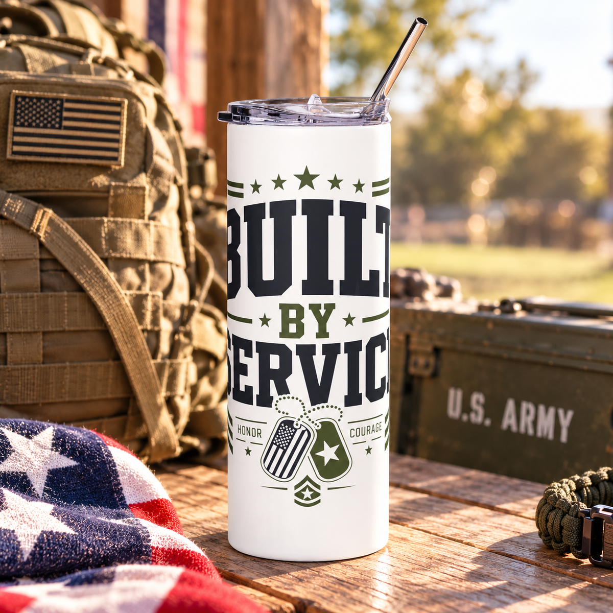 A white stainless steel skinny tumbler with a clear lid and metal straw, printed with "BUILT BY SERVICE" in black and olive lettering with stars, two dog tags and the words Honor and Courage.