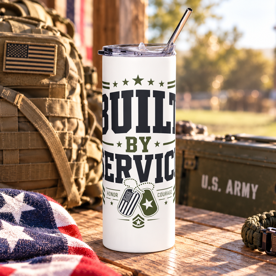 A white stainless steel skinny tumbler with a clear lid and metal straw, printed with "BUILT BY SERVICE" in black and olive lettering with stars, two dog tags and the words Honor and Courage.