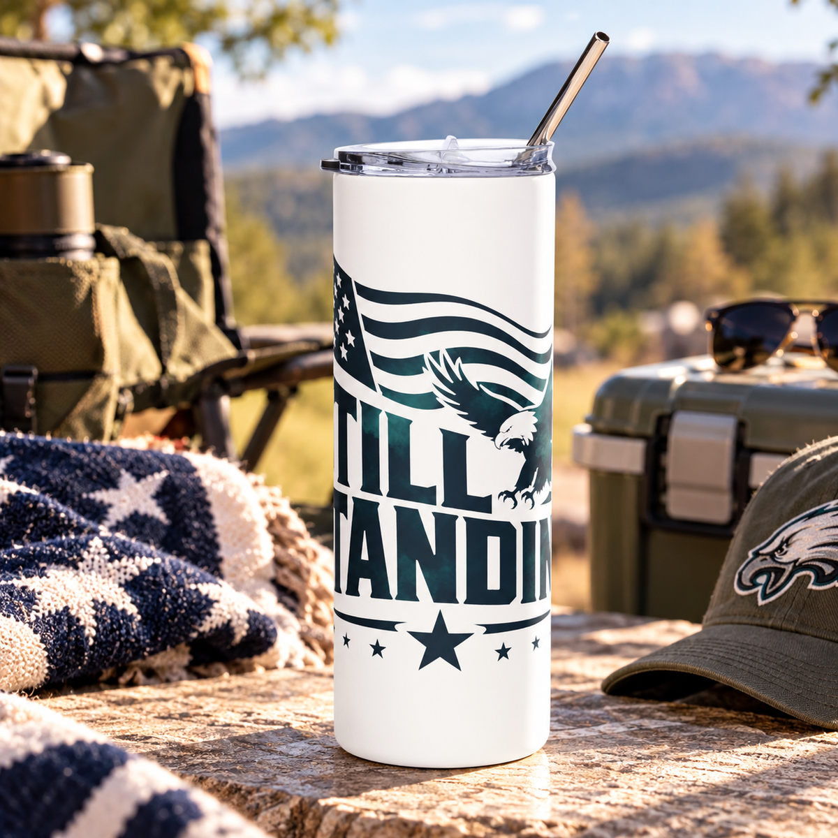A white stainless steel skinny tumbler with a clear lid and metal straw, printed with "STILL STANDING" in dark green lettering with a soaring bald eagle, a waving American flag and stars.