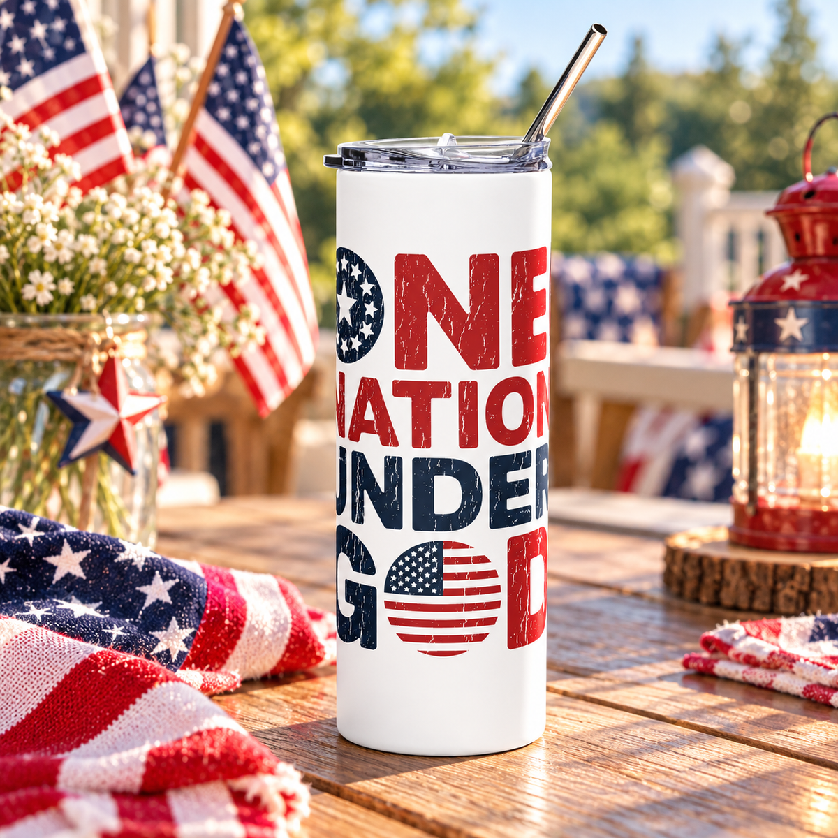 A white stainless steel skinny tumbler with a clear lid and metal straw, printed with "ONE NATION UNDER GOD" in distressed red and navy lettering with a star circle and an American flag in the O.