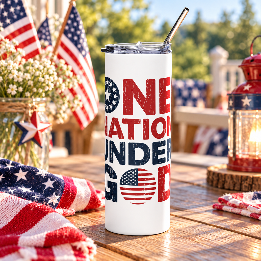 A white stainless steel skinny tumbler with a clear lid and metal straw, printed with "ONE NATION UNDER GOD" in distressed red and navy lettering with a star circle and an American flag in the O.