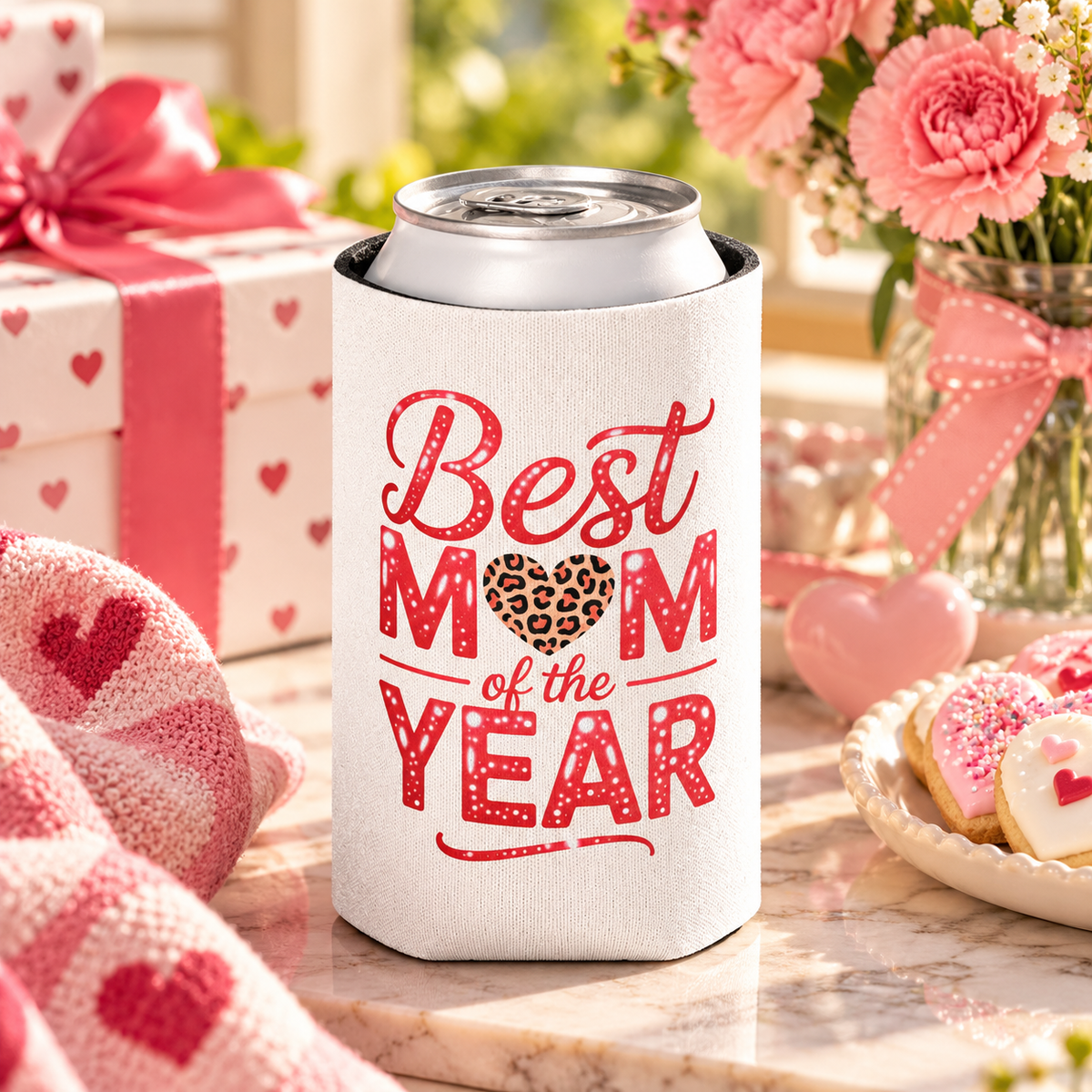 A white can cooler on a drink can, printed with "Best MOM of the YEAR" in red sparkle lettering with a leopard-print heart.
