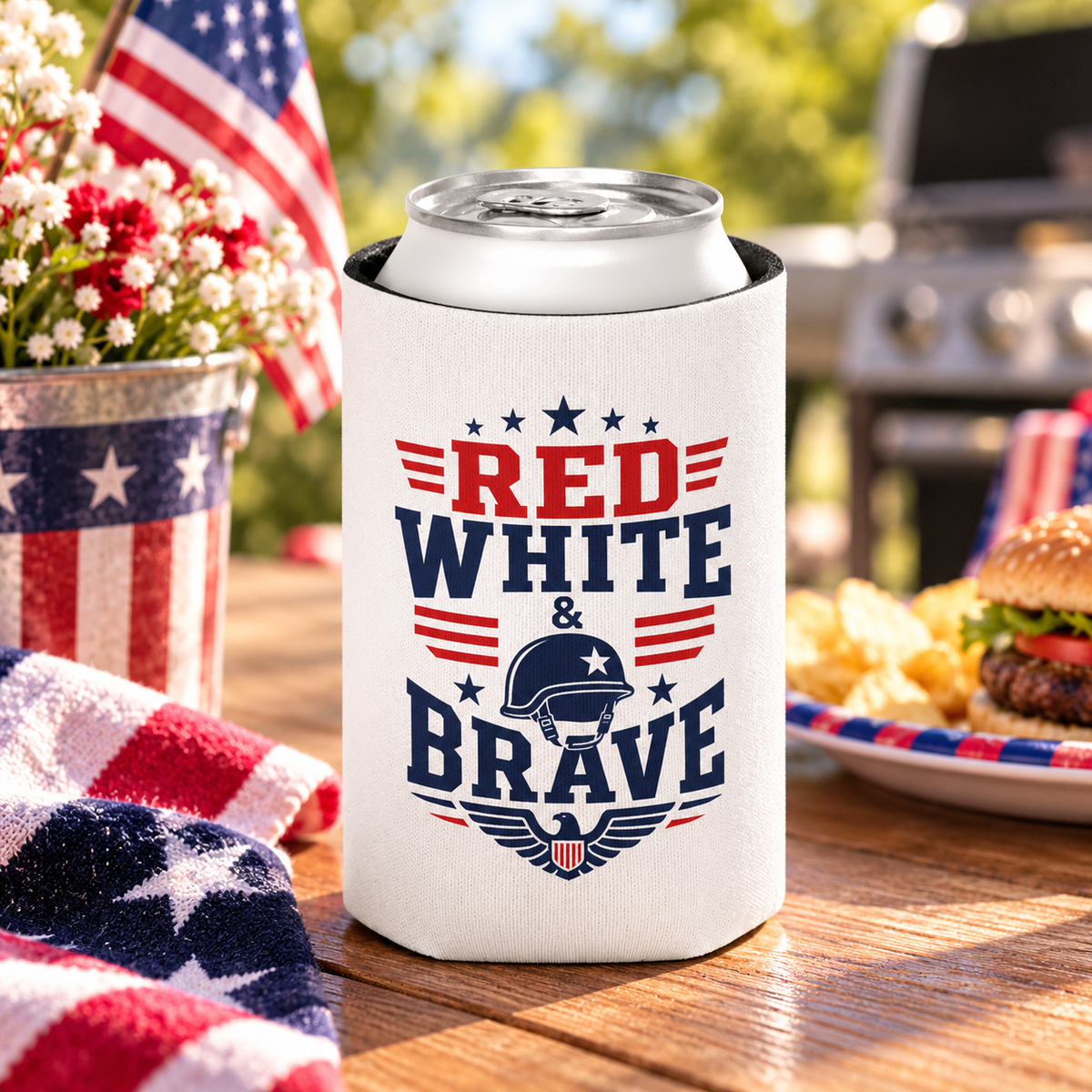 A white can cooler on a drink can, printed with "RED WHITE & BRAVE" in red and navy lettering with a soldier's helmet, stars and an eagle crest.