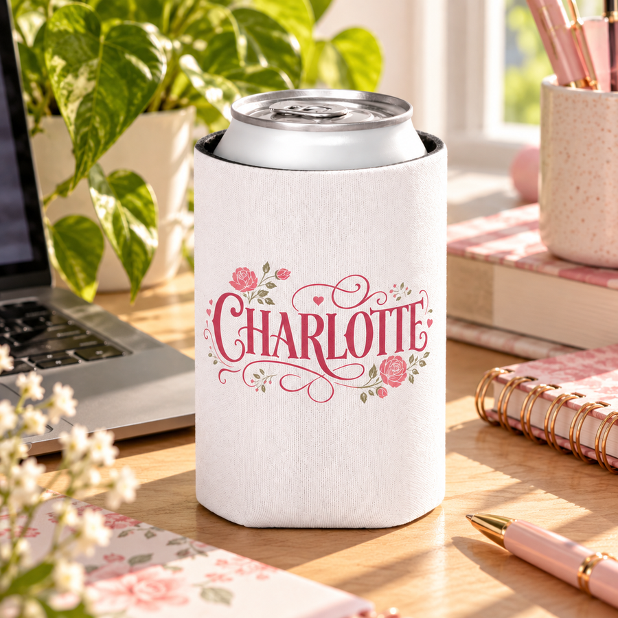 A white can cooler on a drink can, printed with the sample name "CHARLOTTE" in pink script lettering with pink roses, leaves and flourishes.