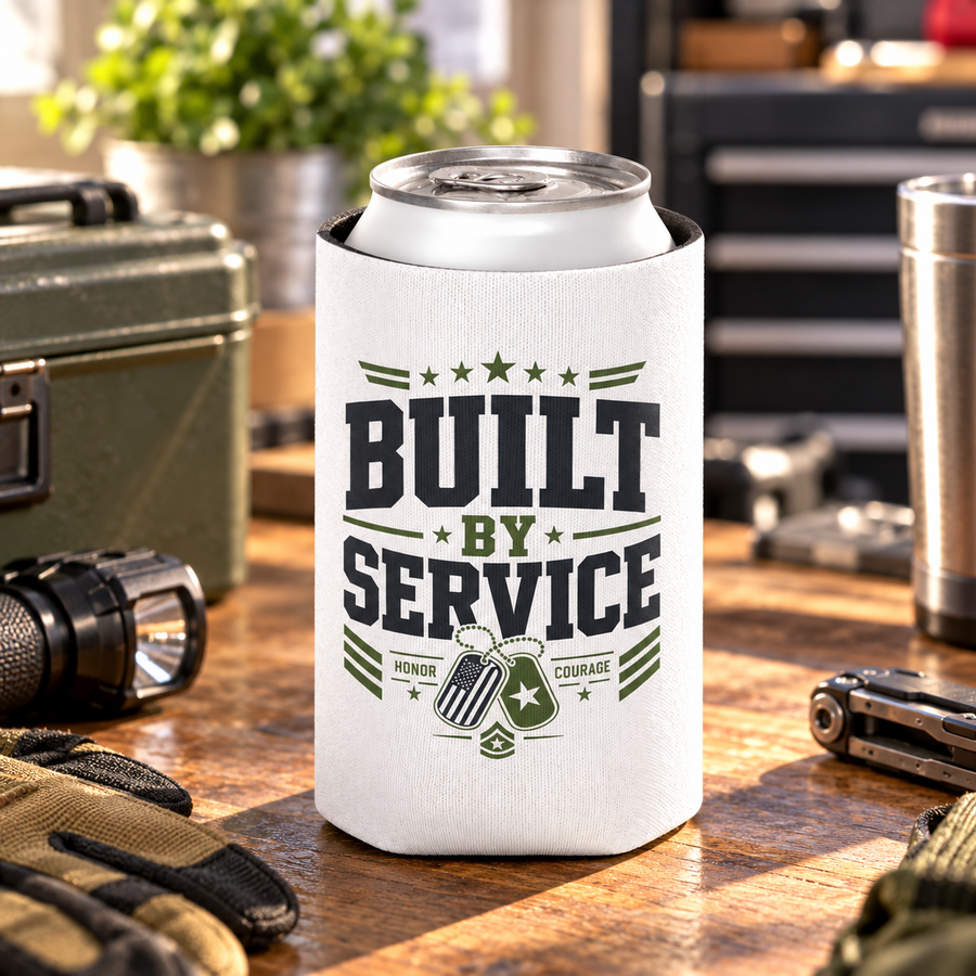 A white can cooler on a drink can, printed with "BUILT BY SERVICE" in black and olive lettering with stars, two dog tags and the words Honor and Courage.