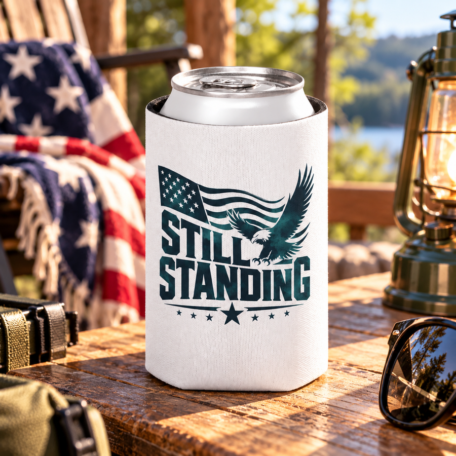 A white can cooler on a drink can, printed with "STILL STANDING" in dark green lettering with a soaring bald eagle, a waving American flag and stars.