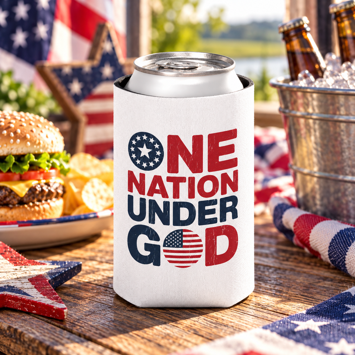 One Nation Under God Can Cooler, Patriotic Drink Holder, American Flag Beverage Sleeve, USA Pride Gift, Faith Inspired Gift, Summer Party