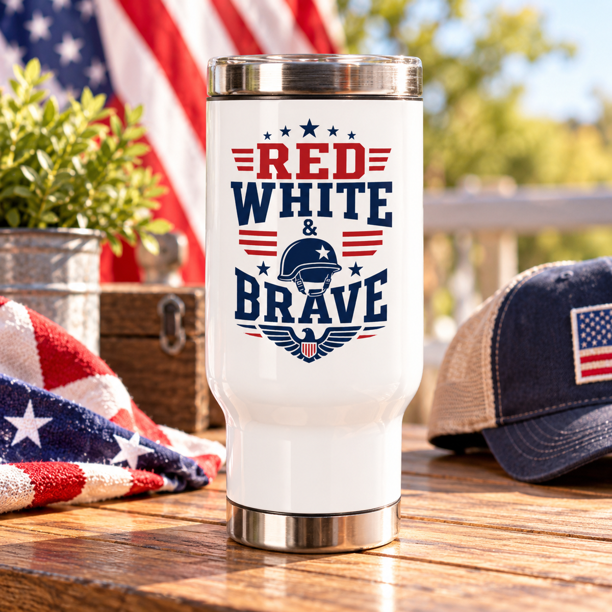 Red White Brave Stainless Steel Travel Mug, Patriotic Military Gift, American Eagle Coffee Cup, Service Member Gift, USA Drinkware