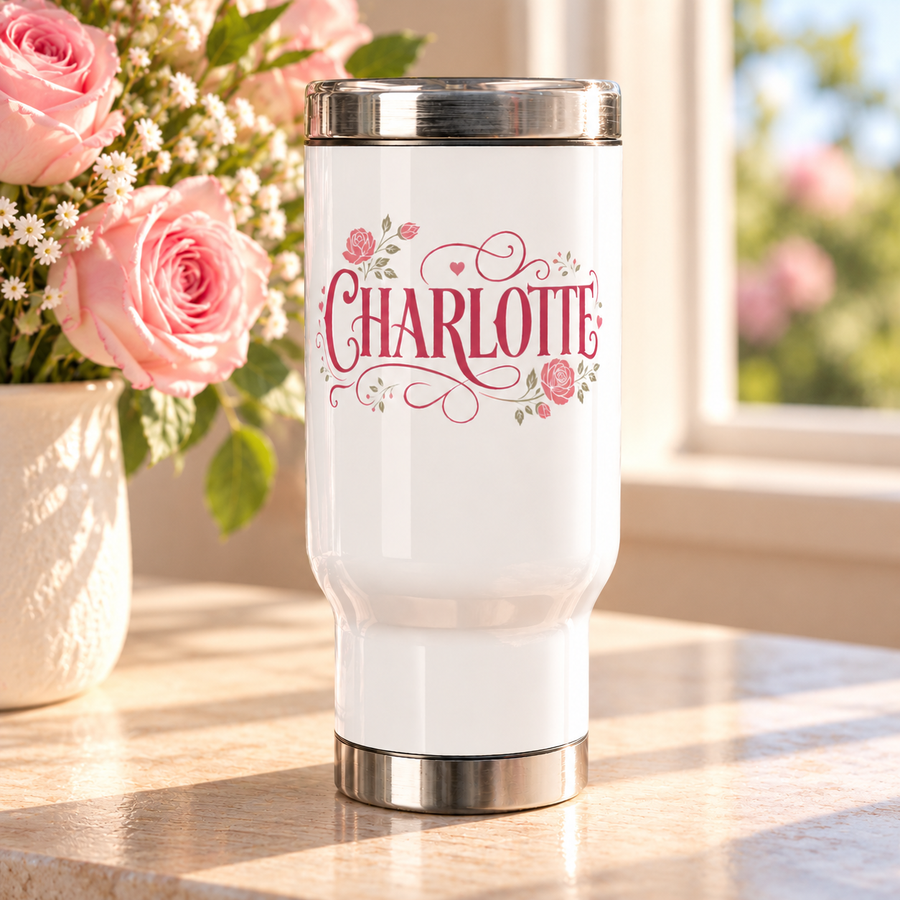 A white stainless steel travel mug with a silver lid and base, printed with the sample name "CHARLOTTE" in pink script lettering with pink roses, leaves and flourishes.