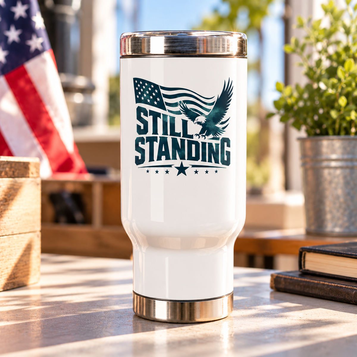 Still Standing Patriotic Coffee Cup, Military Stainless Steel Travel Mug, American Eagle Drinkware, Veteran Gift, Service Member Gift