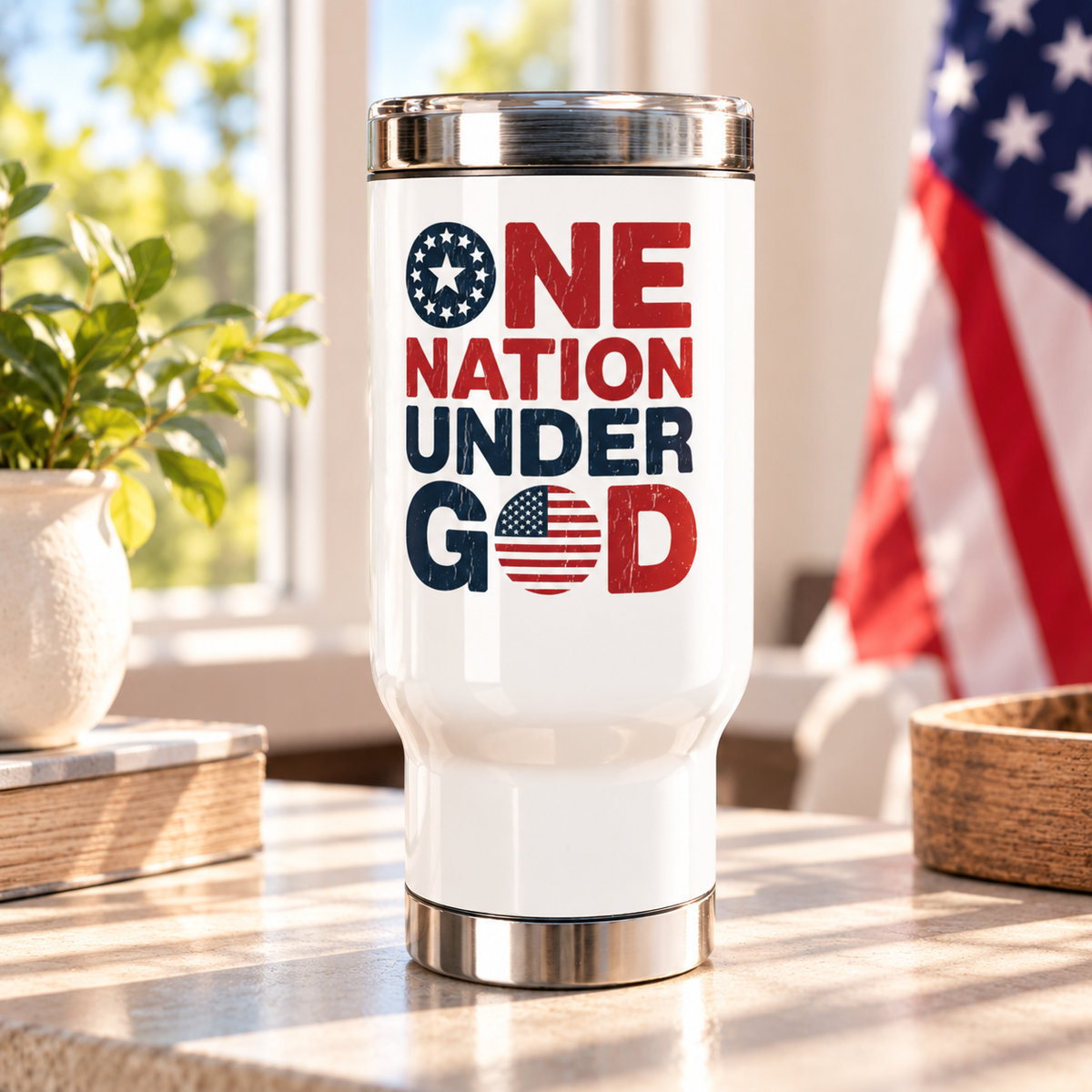 Patriotic Stainless Steel Travel Mug, One Nation Under God Coffee Cup, American Flag Drinkware, Faith Gift, USA Gift for Men and Women