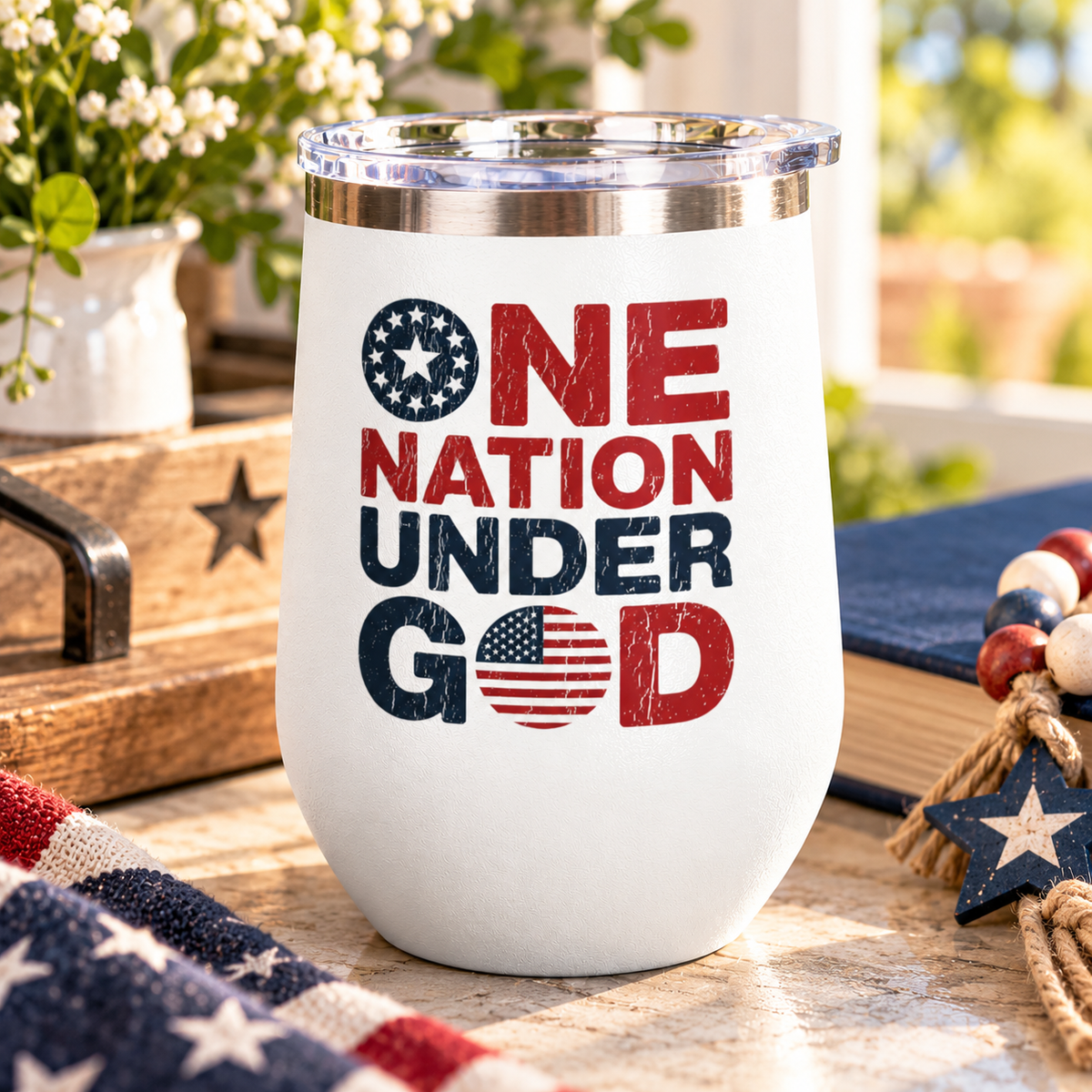 Patriotic Wine Tumbler, One Nation Under God Drinkware, American Pride Gift, Faith Inspired Gift for Her or Him, Red White Blue Cup