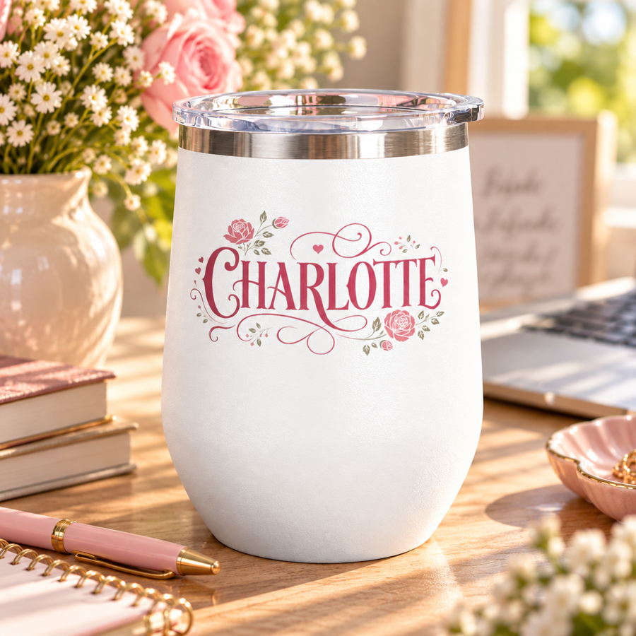 A white stainless steel stemless wine tumbler with a clear push-on lid, printed with the sample name "CHARLOTTE" in pink script lettering with pink roses, leaves and flourishes.