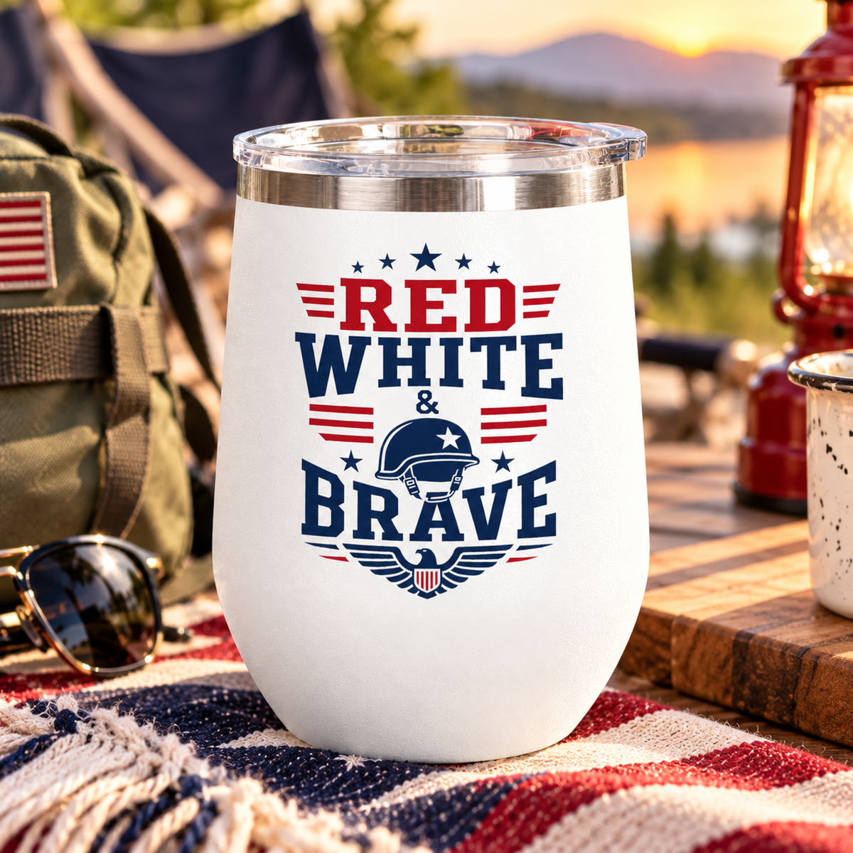 Patriotic Wine Tumbler, Red White & Brave Military Gift, Veteran Gift for Him, American Pride Drinkware, Memorial Day Gift
