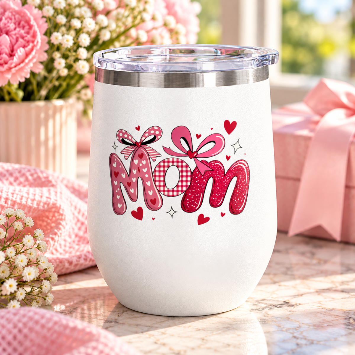 Mom Wine Tumbler, Mother's Day Gift for Mom, Pink Bow Drinkware, Mom Gift from Daughter, Personalized Style, Cute Wine Cup for Her