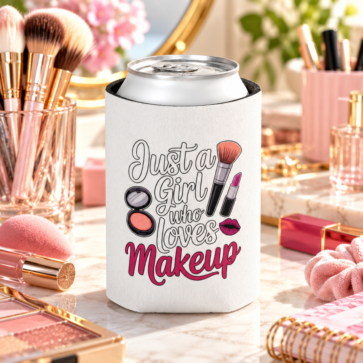 Makeup Lover Can Cooler, Just a Girl Who Loves Makeup, Cute Drink Holder for Her, Beauty Lover Gift, Girly Party Favor, Cosmetic Gift
