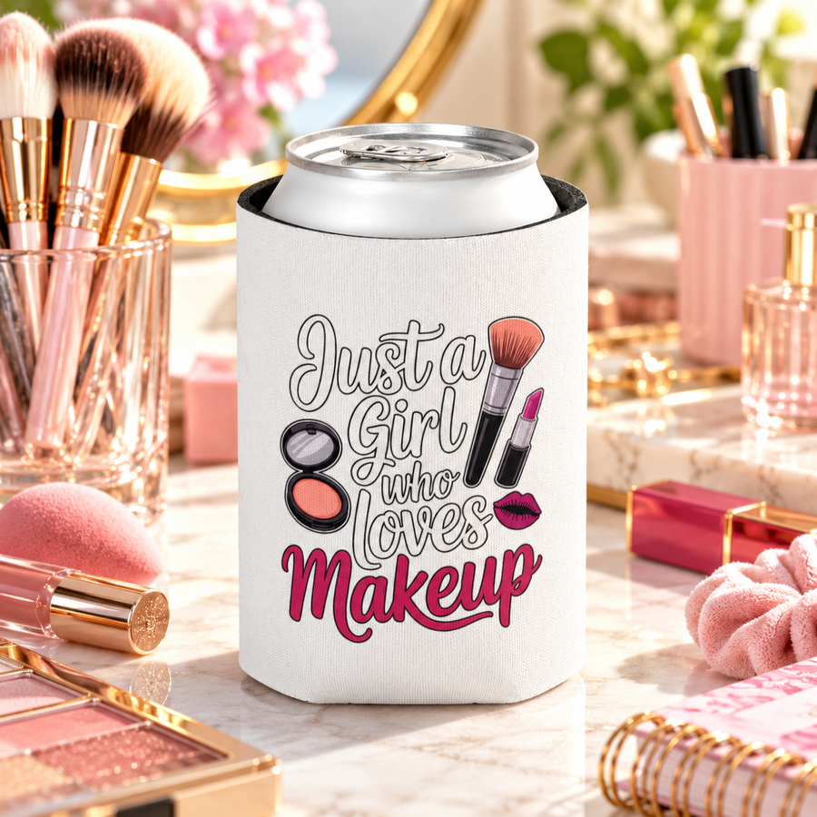 A white can cooler on a drink can, printed with "Just a Girl who Loves Makeup" in white script and magenta lettering with a makeup brush, lipstick, a compact and lips.