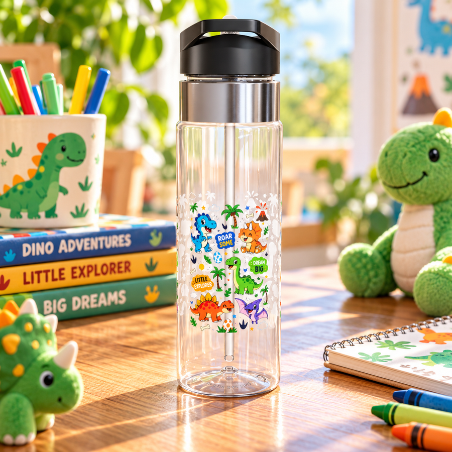 A clear water bottle with a black flip-top lid, stainless band and straw, printed with colorful cartoon dinosaurs, palm trees and a volcano with the words Roar Some, Little Explorer and Dream Big.