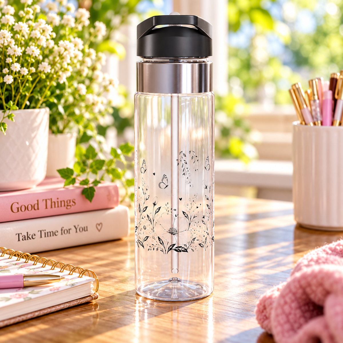 Floral Water Bottle for Women, Botanical Flower Drink Bottle, Butterfly Water Bottle, Nature Lover Gift, Everyday Hydration, Gift for Her