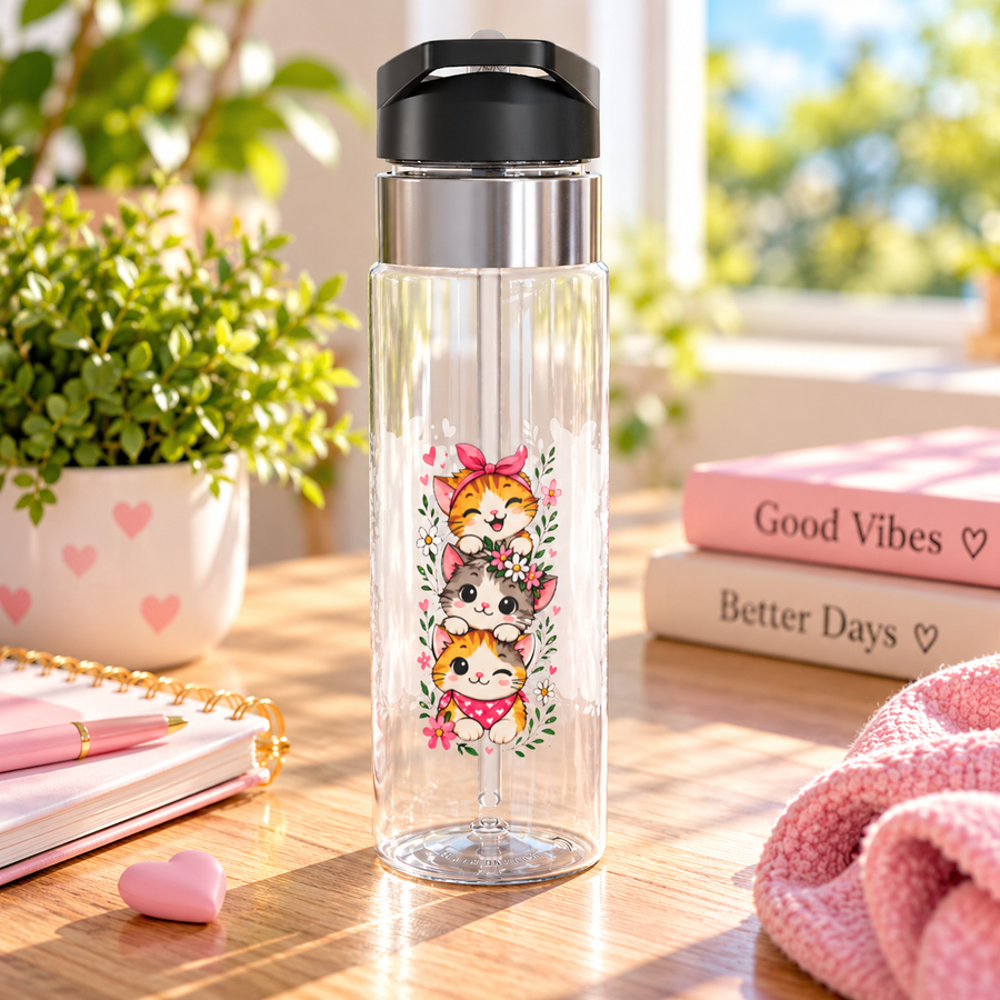 A clear water bottle with a black flip-top lid, stainless band and straw, printed with three stacked cartoon kittens with pink bows and bandanas surrounded by pink flowers and leaves.