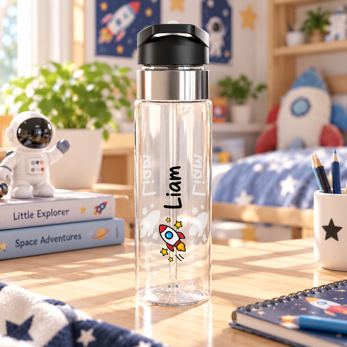Personalized Water Bottle for Boys, Rocket Space Name Bottle, Kids School Water Bottle, Birthday Gift for Son, Back to School Gift